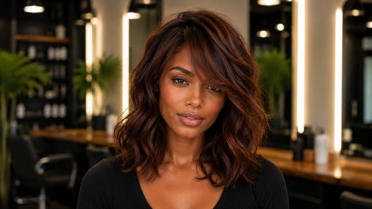 Mulher com franja para o formato de rosto diamante em cabelo médio ondulado em salão de beleza.