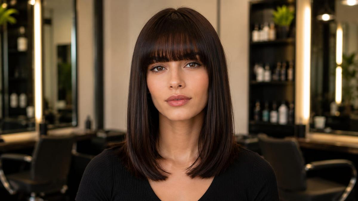 Mulher sorrindo com franja reta para o formato de rosto oblongo em cabelo médio liso castanho escuro.