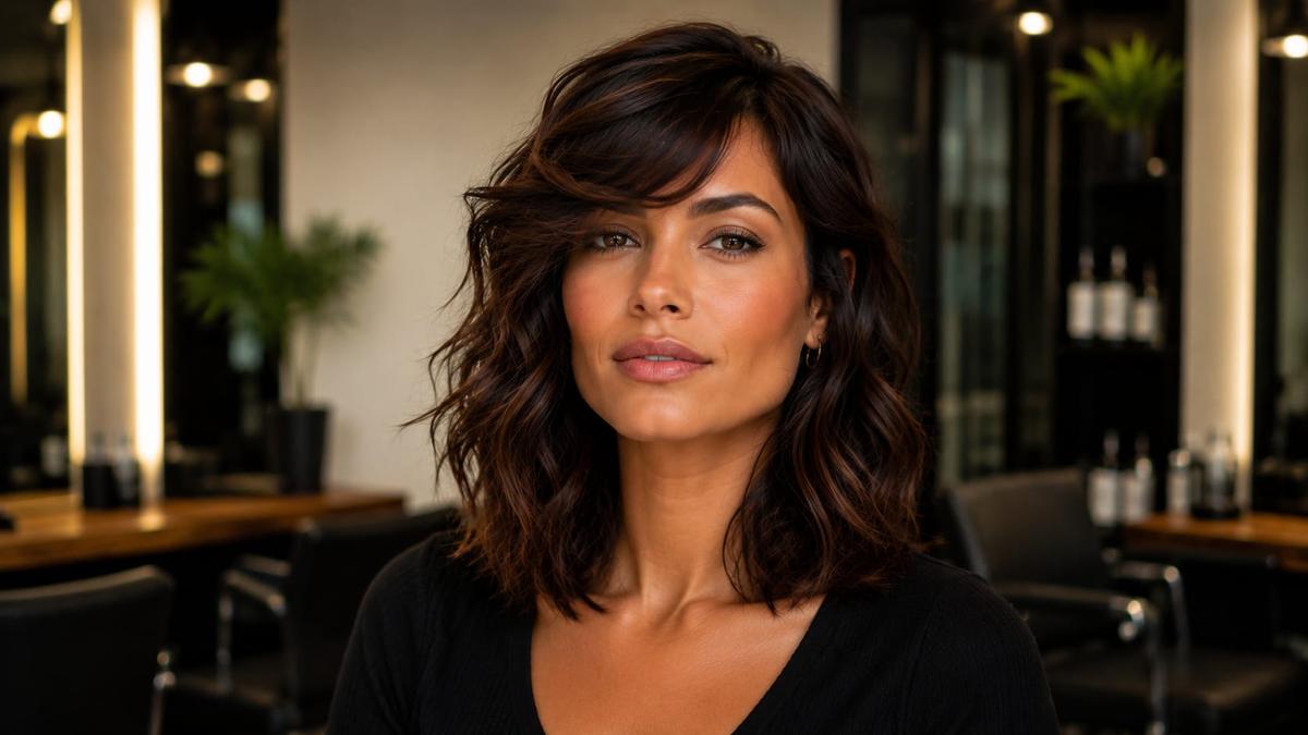 Mulher com franja lateral para o formato de rosto quadrado em cabelo médio ondulado iluminado.