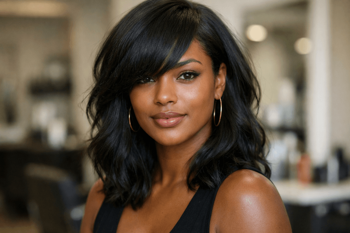 Franja lateral em mulher brasileira com rosto oval e cabelo médio