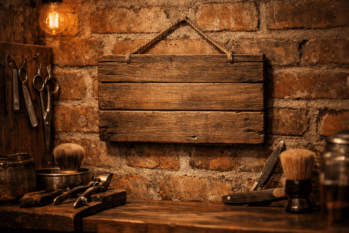 Placa decorativa de madeira com frase bem-humorada sobre barba pendurada em parede de barbearia