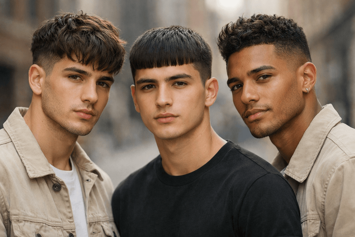 Três homens mostrando french crop, caesar e corte americano lado a lado