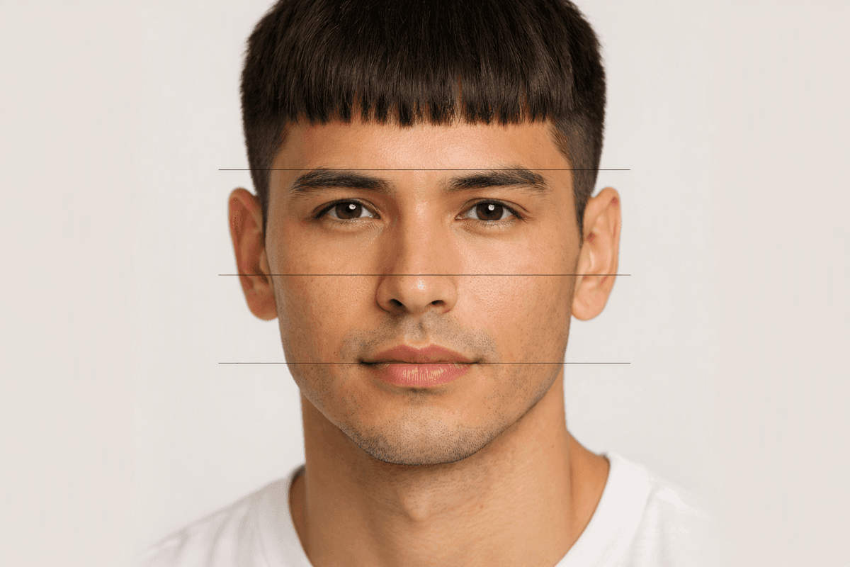 Diagrama mostrando terços faciais e efeito da franja reta na proporção