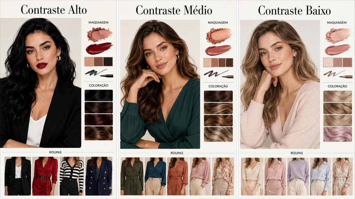 Infográfico comparativo de contraste pessoal alto, médio e baixo com exemplos de maquiagem, cabelos e roupas para cada perfil.