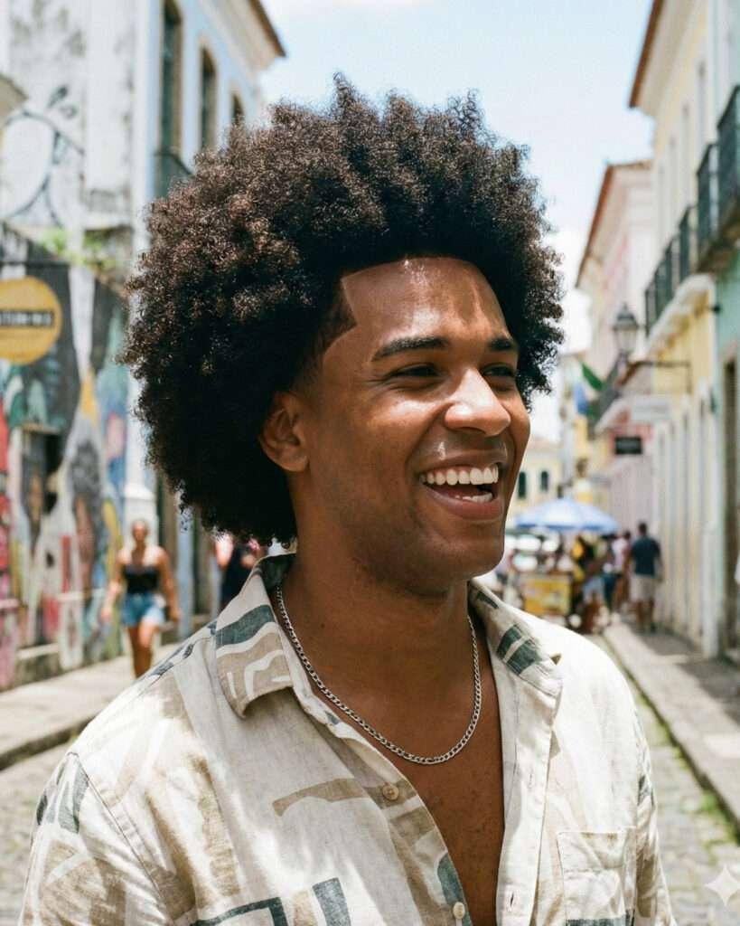 Homem moreno com cabelo cacheado crespo