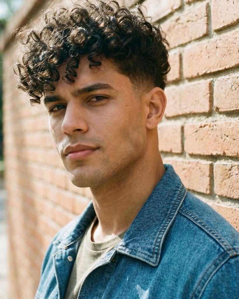 Homem moreno com tipo de cabelo cacheado solto