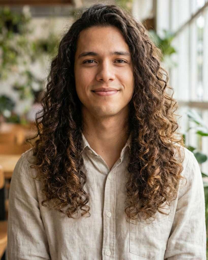 Homem com cabelo cacheado e corte longo em camadas