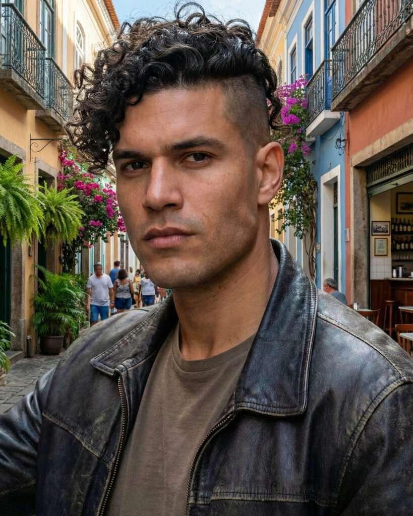 Homem brasileiro com cachos medio e com corte de cabelo undercut