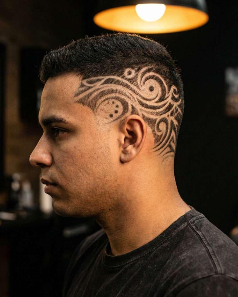 homem com corte que está fora de moda, riscos e desenhos elaborados