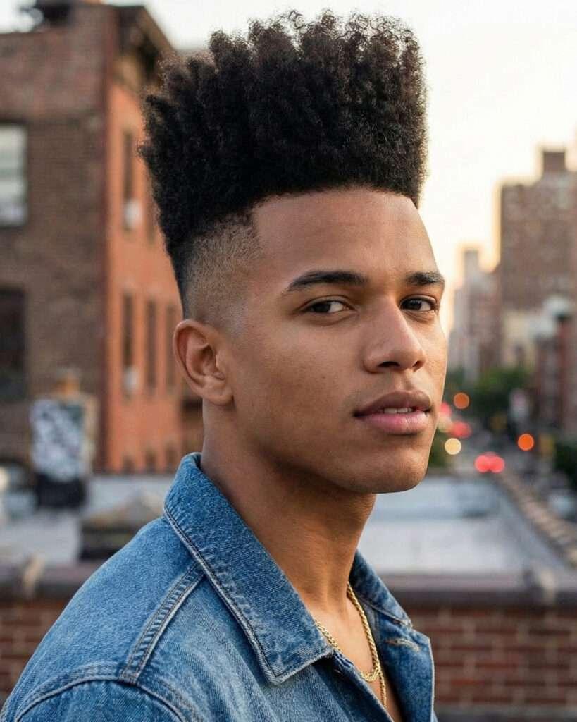 Homem moreno com corte de cabelo high top fade