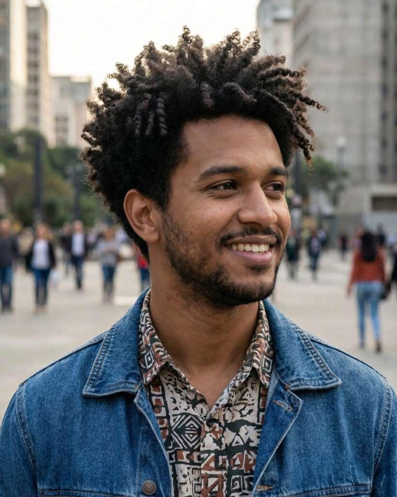 Homem moreno posando para uma foto, ele tem cabelo cacheado com corte twist out