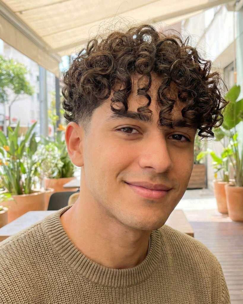 Homem com corte de cabelo com franja e cachos
