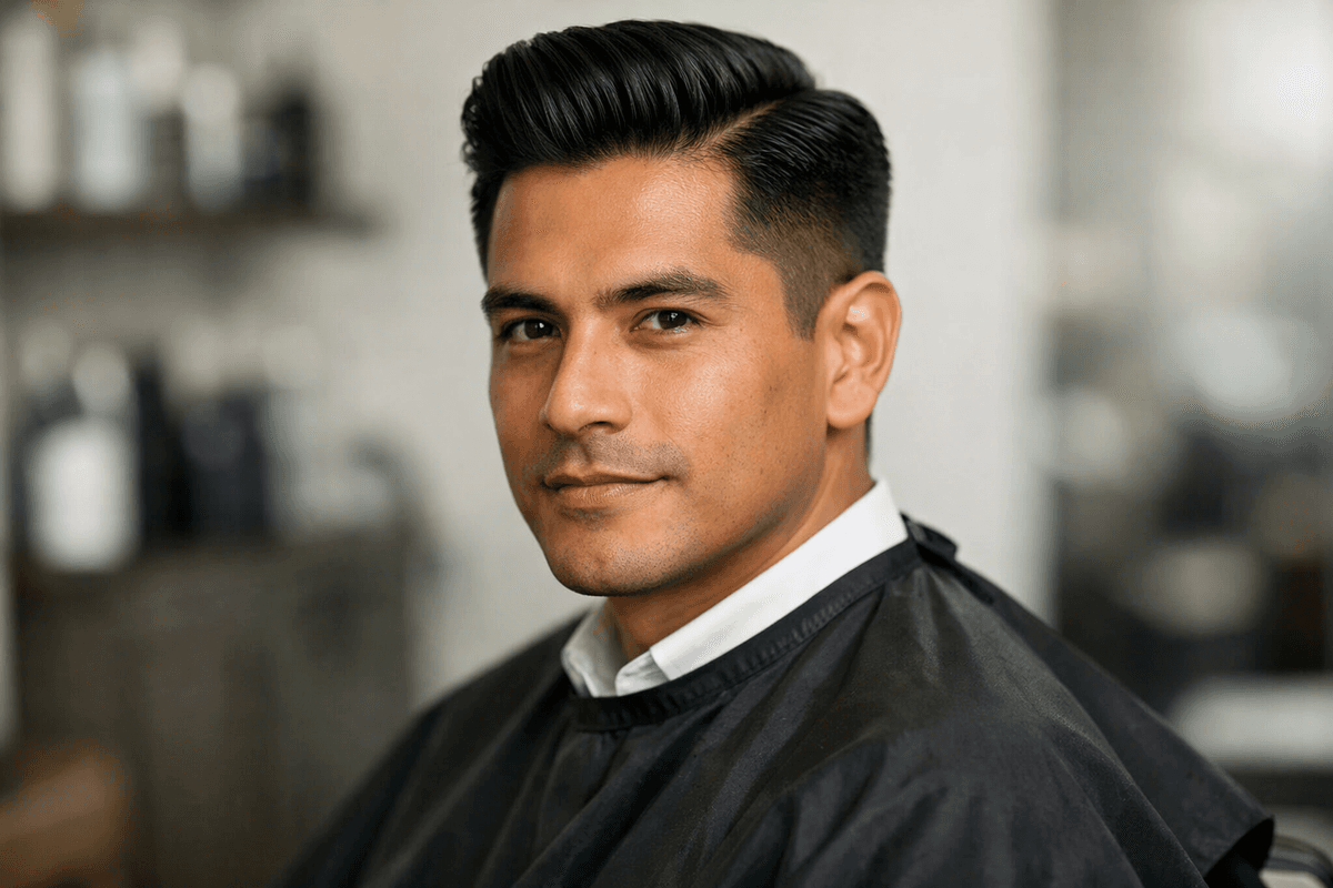 Corte social em homem brasileiro com cabelo liso preto