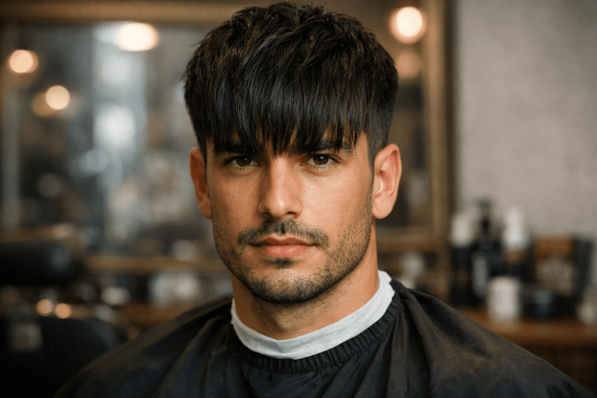 Corte fringe cut com franja em homem brasileiro com rosto oblongo