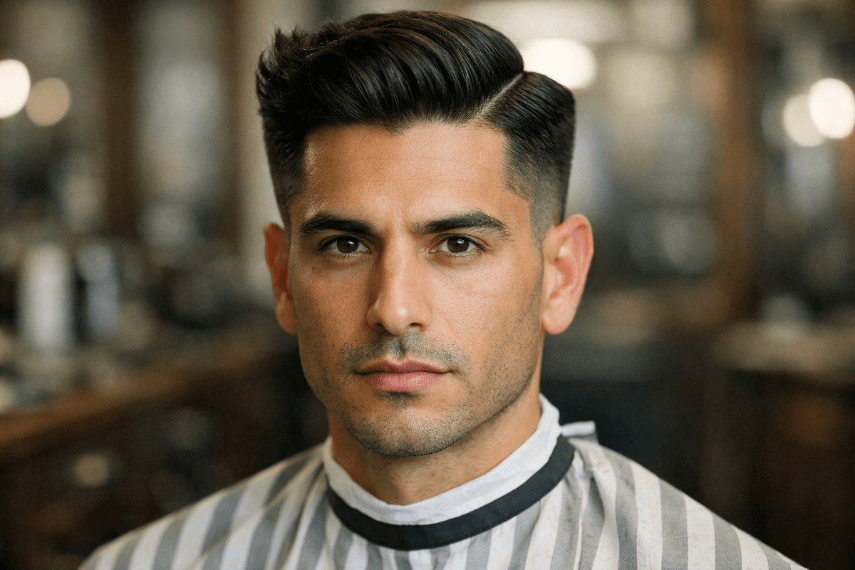 Side part clássico em homem brasileiro com rosto diamante e cabelo texturizado