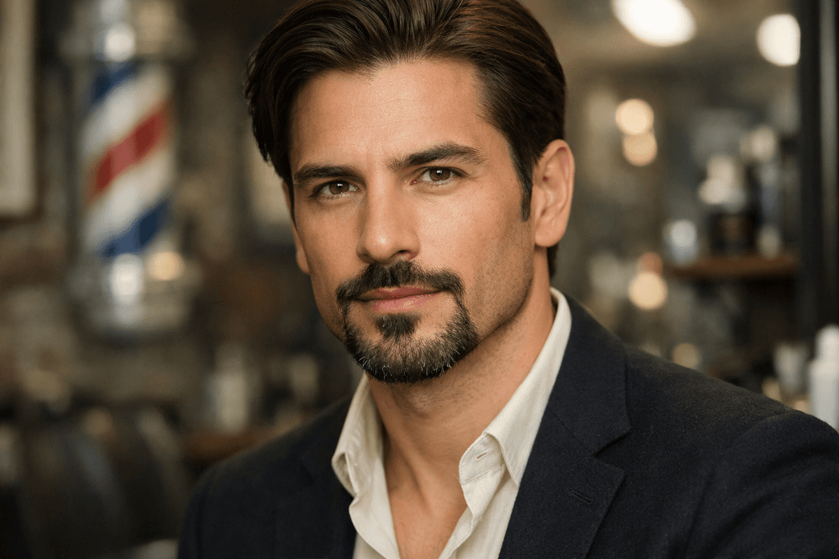 Barba balbo com bigode desconectado em homem com rosto diamante e cabelos lisos