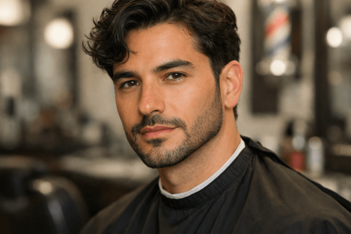 Chinstrap com linha fina definindo mandíbula em homem com rosto oval e cabelos escuros