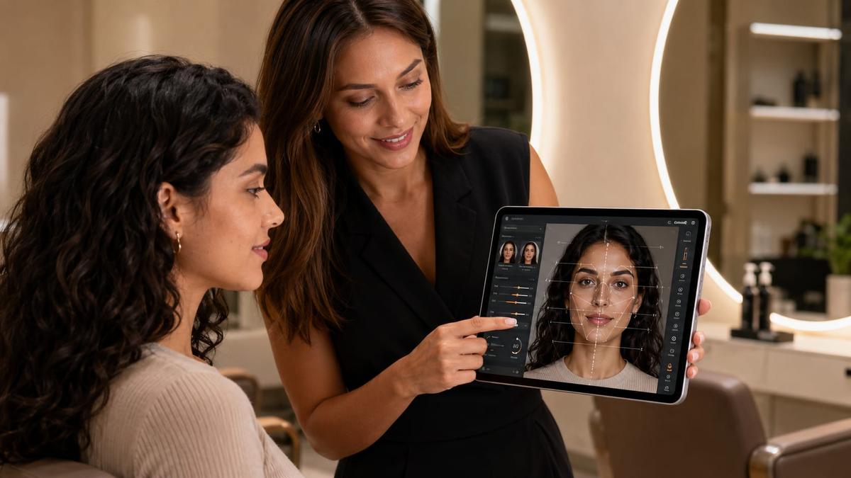 Mulher especialista demonstra mapeamento facial em tablet para cliente mulher durante consultoria de visagismo.
