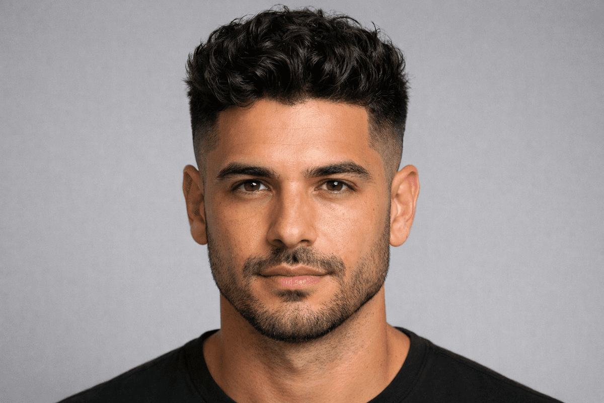 Jit fade visto de frente com topo volumoso e contorno marcado