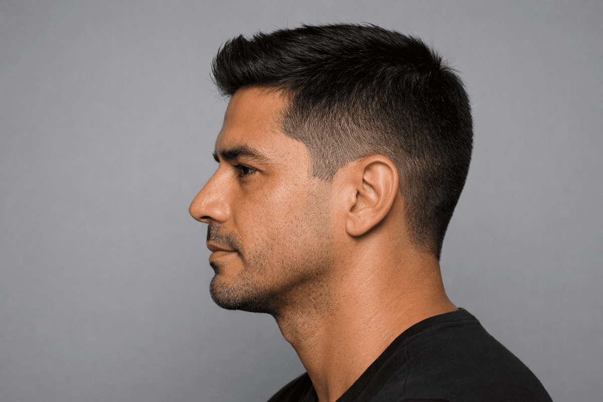 Corte americano de perfil com degradê e topo curto