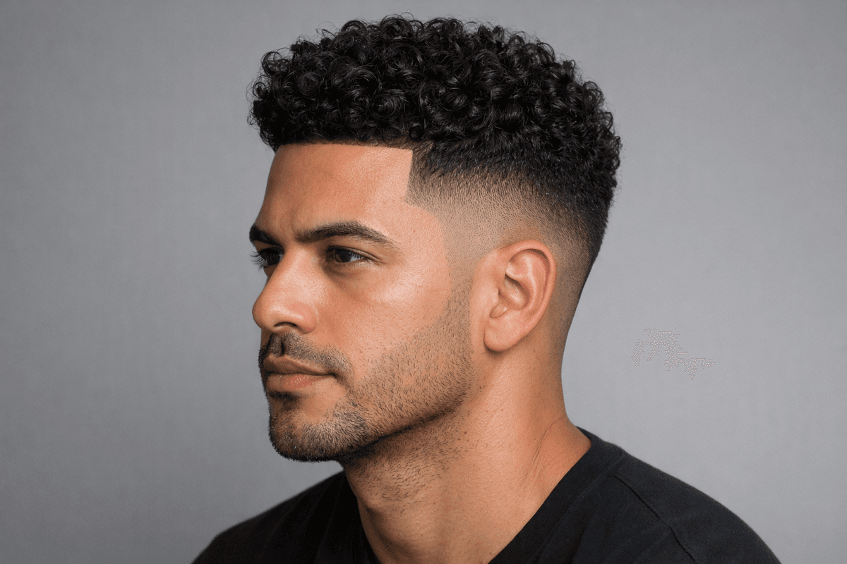 Jit fade em cabelo cacheado com cachos definidos no topo