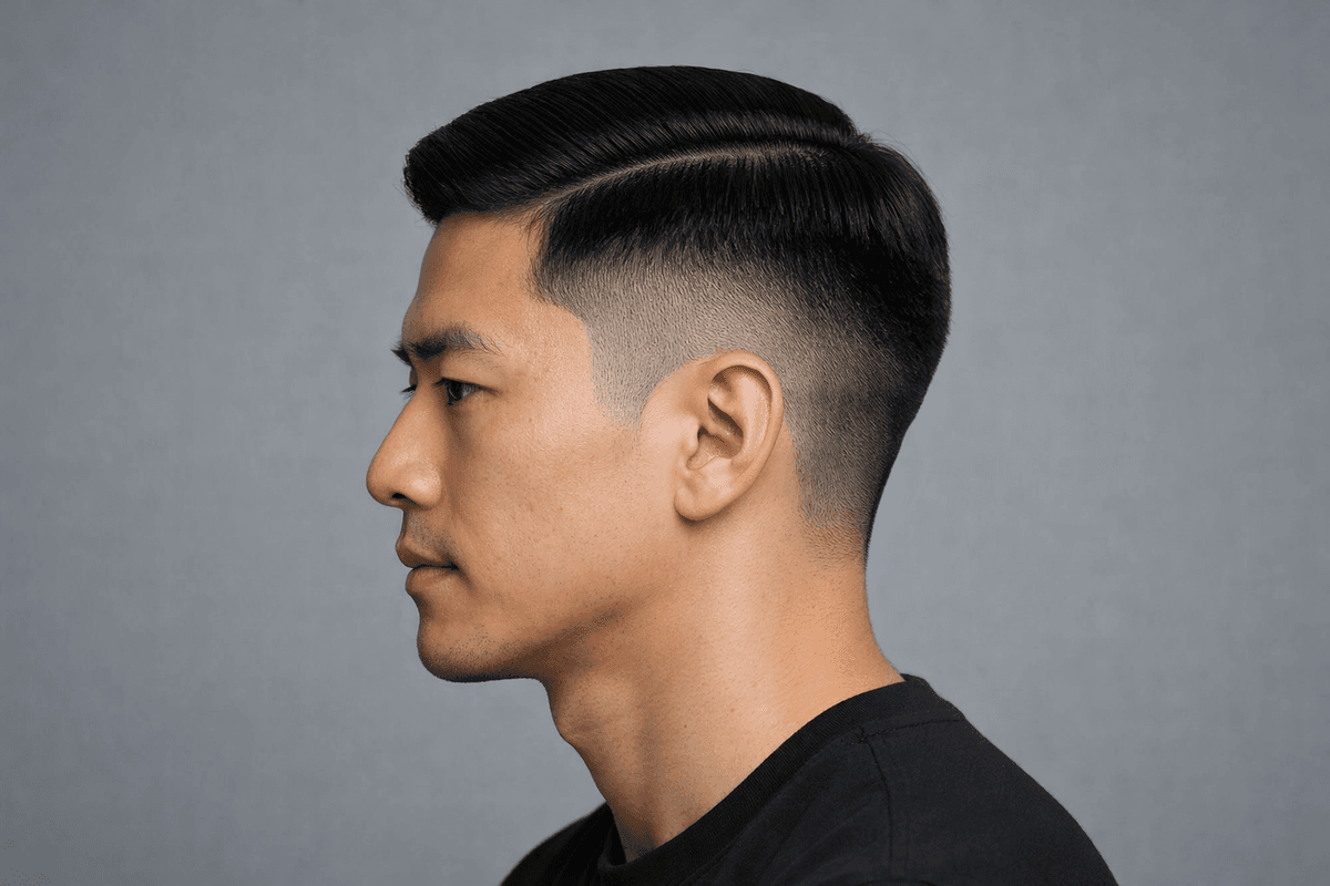 Low fade com topo liso e peso lateral preservado