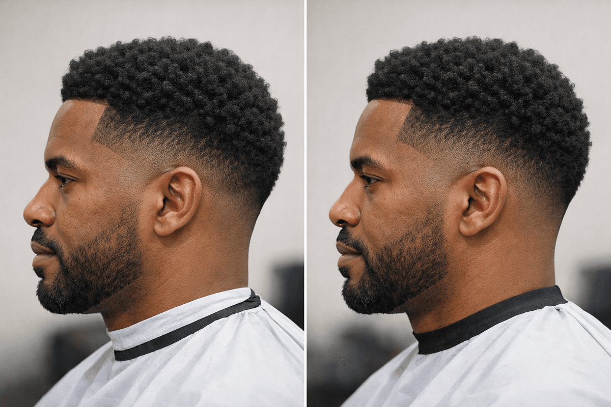 Low fade em cabelo crespo com textura preservada no topo