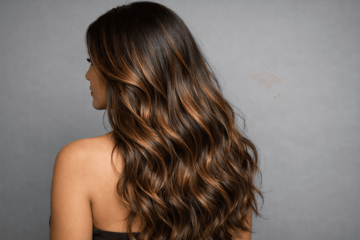 Referência de cabelo castanho com faixas claras visíveis no comprimento