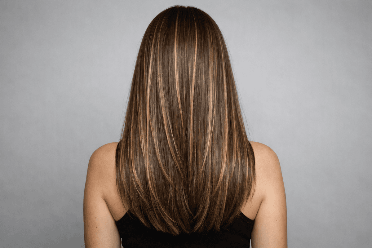 Vista posterior de cabelo castanho com reflexos claros finos