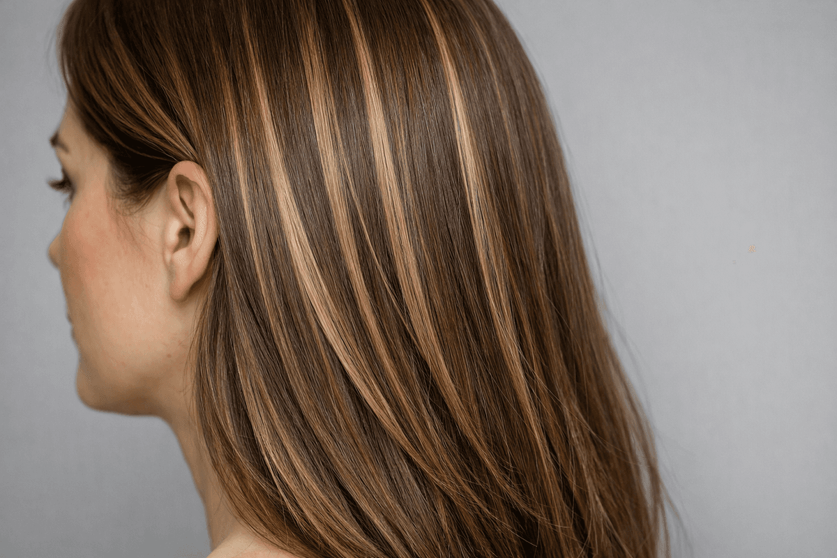 Detalhe lateral de cabelo com faixas claras distinguíveis