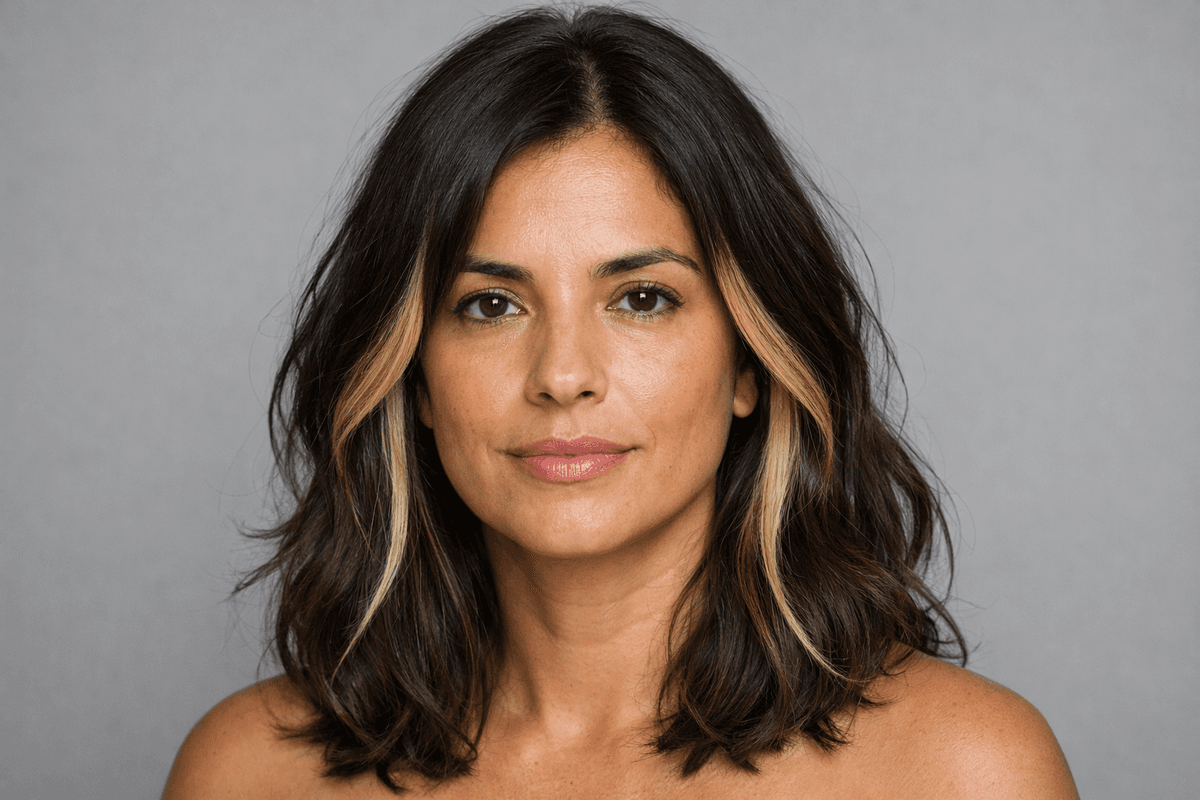 Vista frontal de cabelo com áreas claras próximas ao rosto
