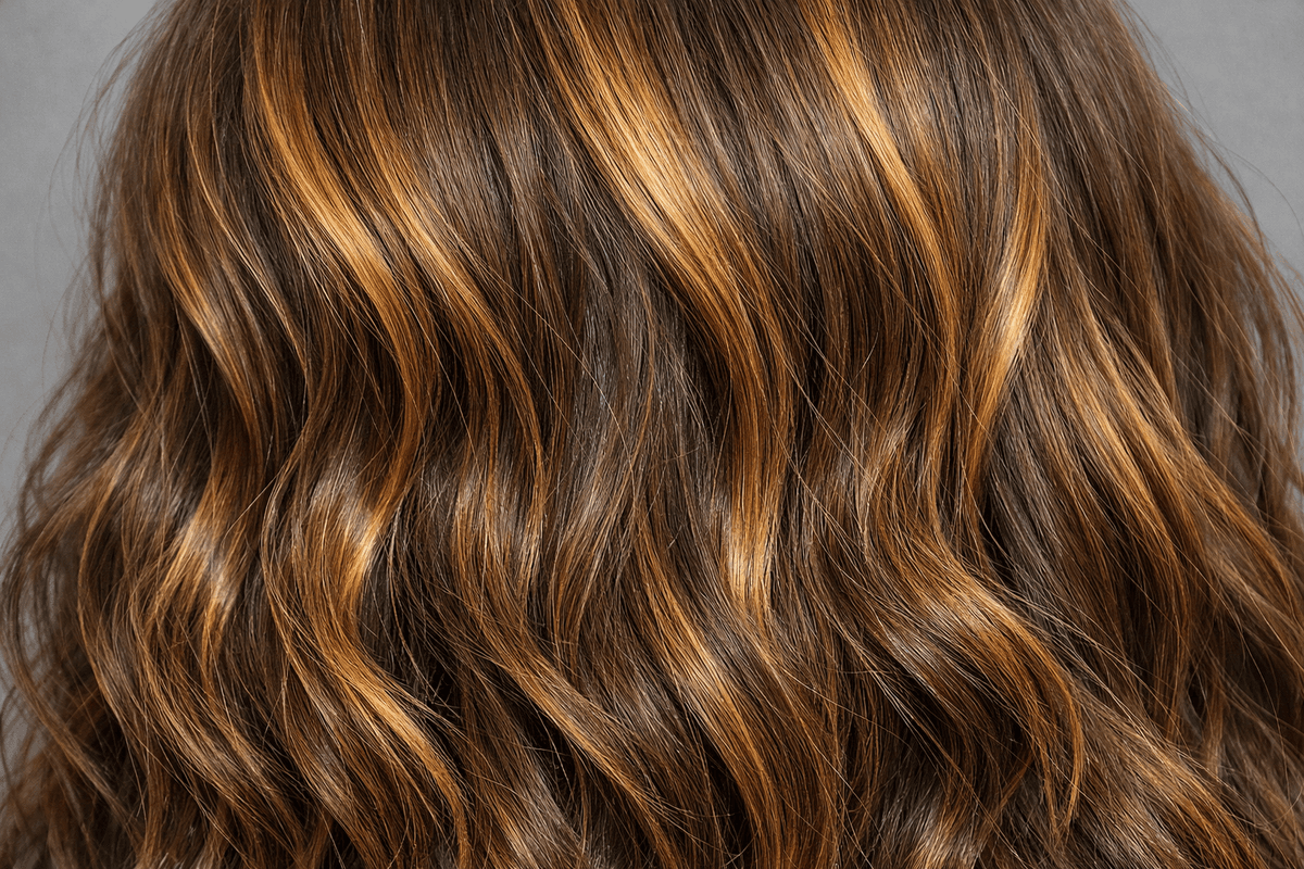 Detalhe de reflexos dourados em cabelo castanho