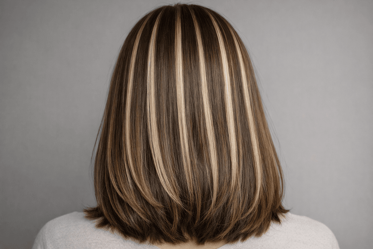 Detalhe de cabelo com reflexos claros separados visualmente