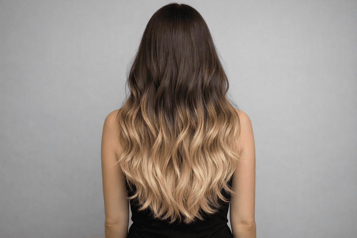 Comprimento de cabelo com transição entre castanho e áreas claras