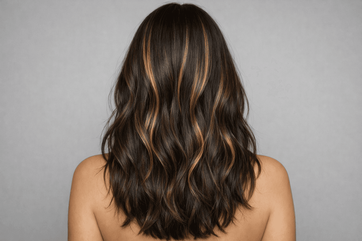 Cabelo castanho com áreas claras distribuídas de forma irregular