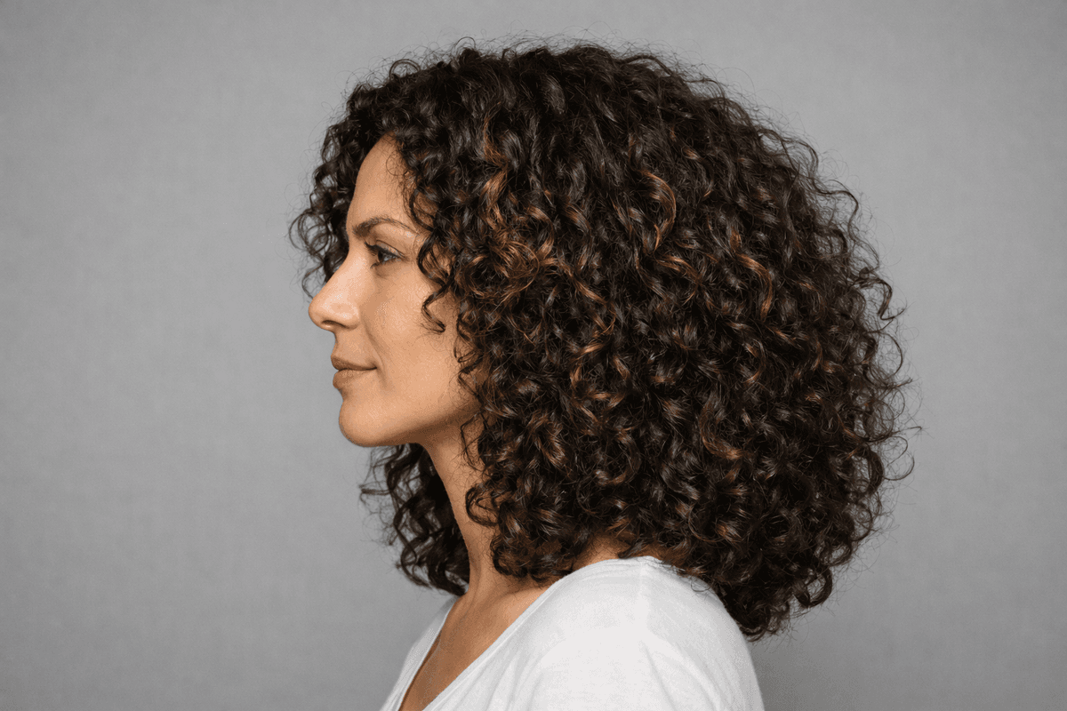 Cabelo cacheado volumoso em perfil com parte das luzes encoberta pelos cachos