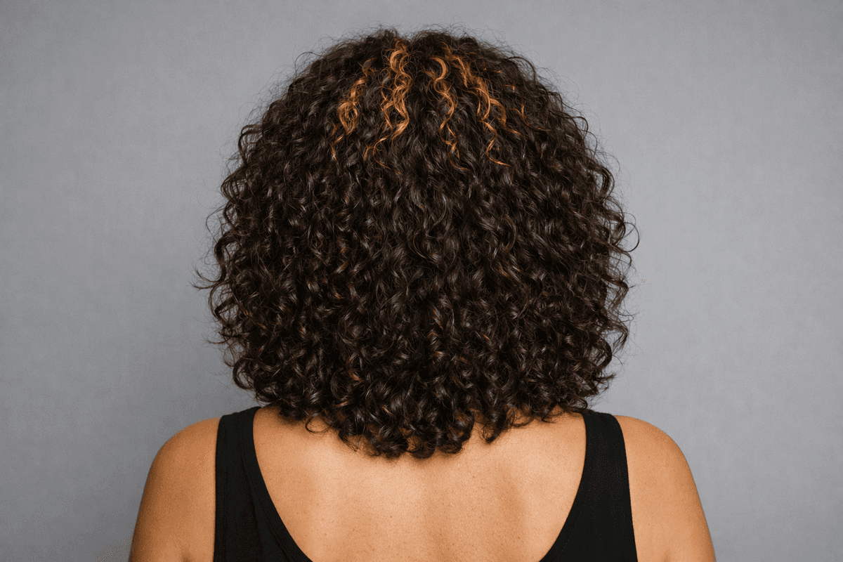 Cabelo cacheado visto de costas com luzes apenas na coroa