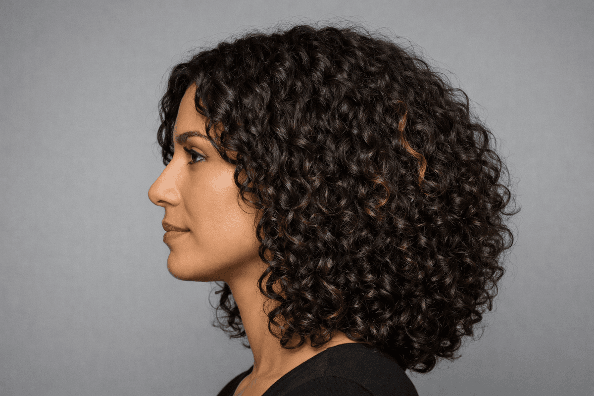 Perfil de cabelo cacheado escuro com claridade apenas na parte de trás