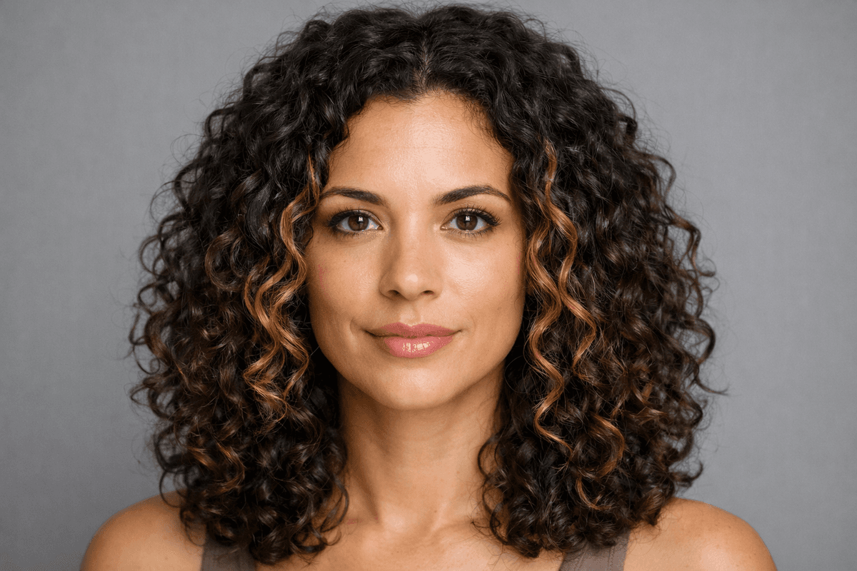 Cabelo cacheado com luzes equilibradas nos dois lados do rosto