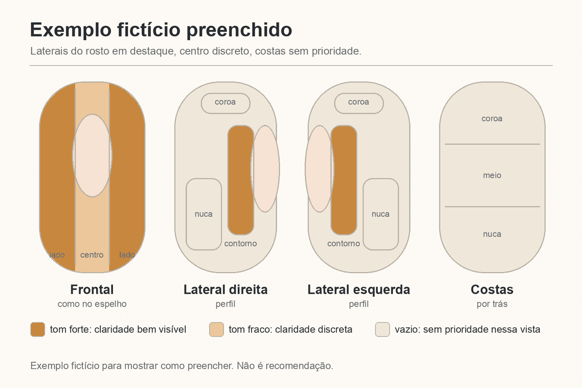 Exemplo fictício de mapa preenchido com laterais marcadas na vista frontal
