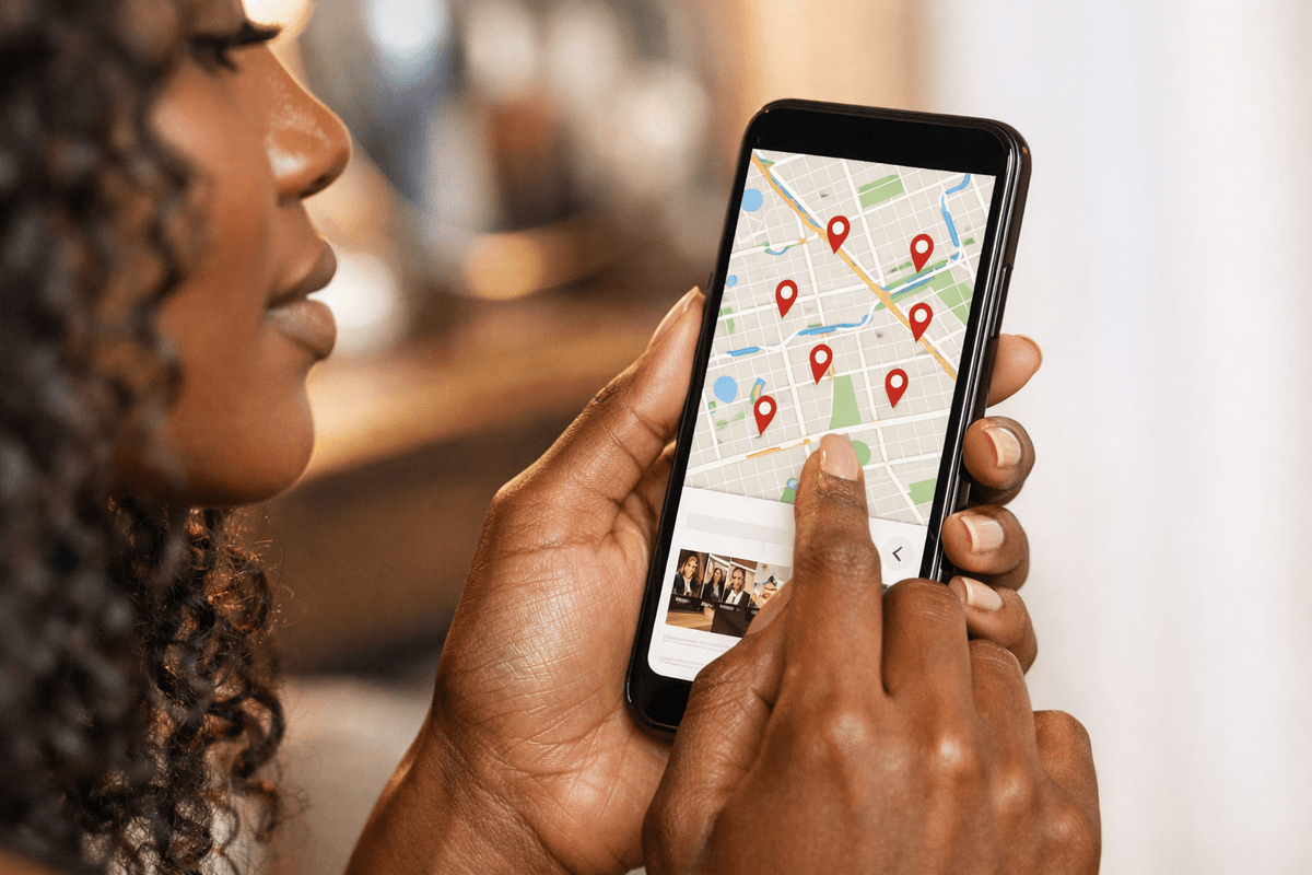 Cliente buscando salão de beleza no celular em aplicativo de mapas