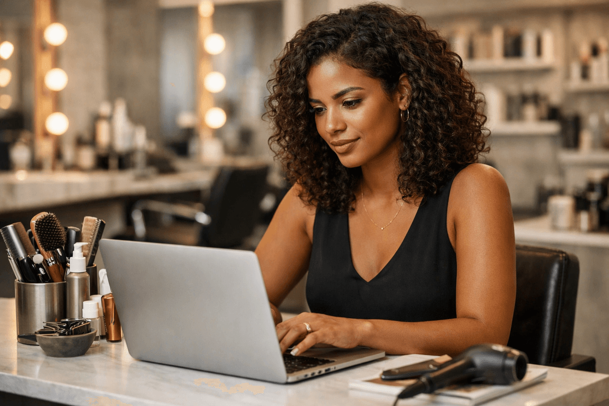 Proprietária de salão trabalhando em laptop criando presença digital