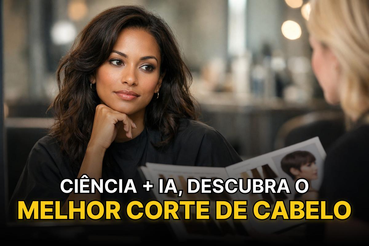 Mulher com rosto oval observando diferentes opções de corte em espelho iluminado de salão