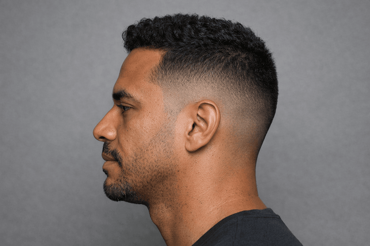 Mid fade com topo curto cacheado e contorno definido