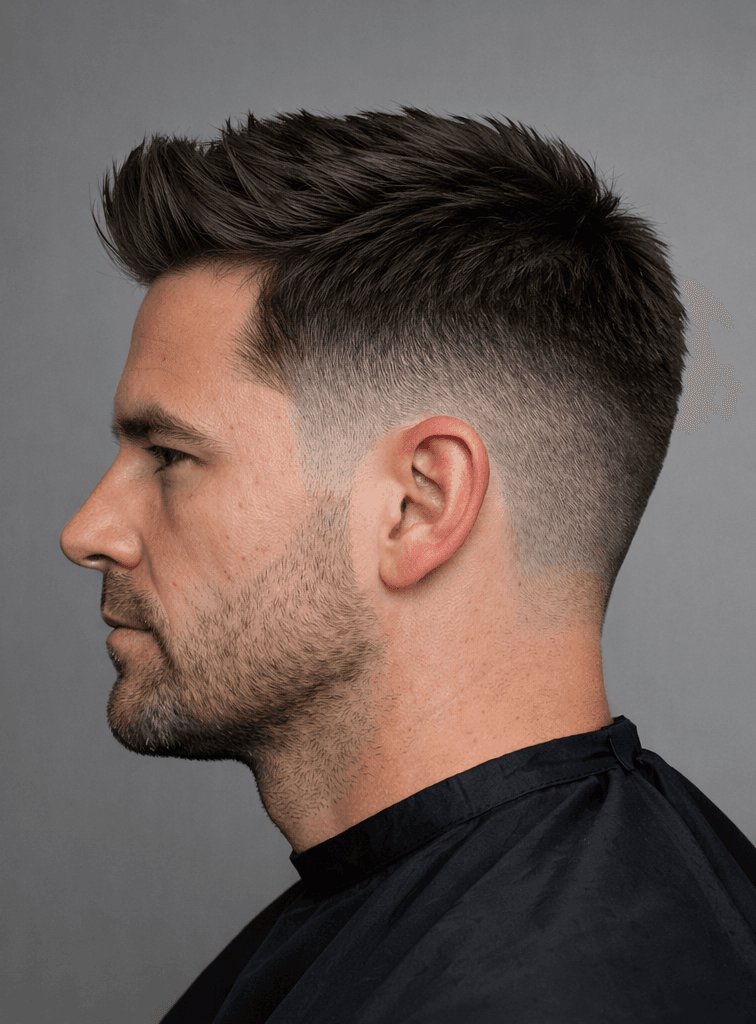 Mid fade com topo liso alongado visto de perfil