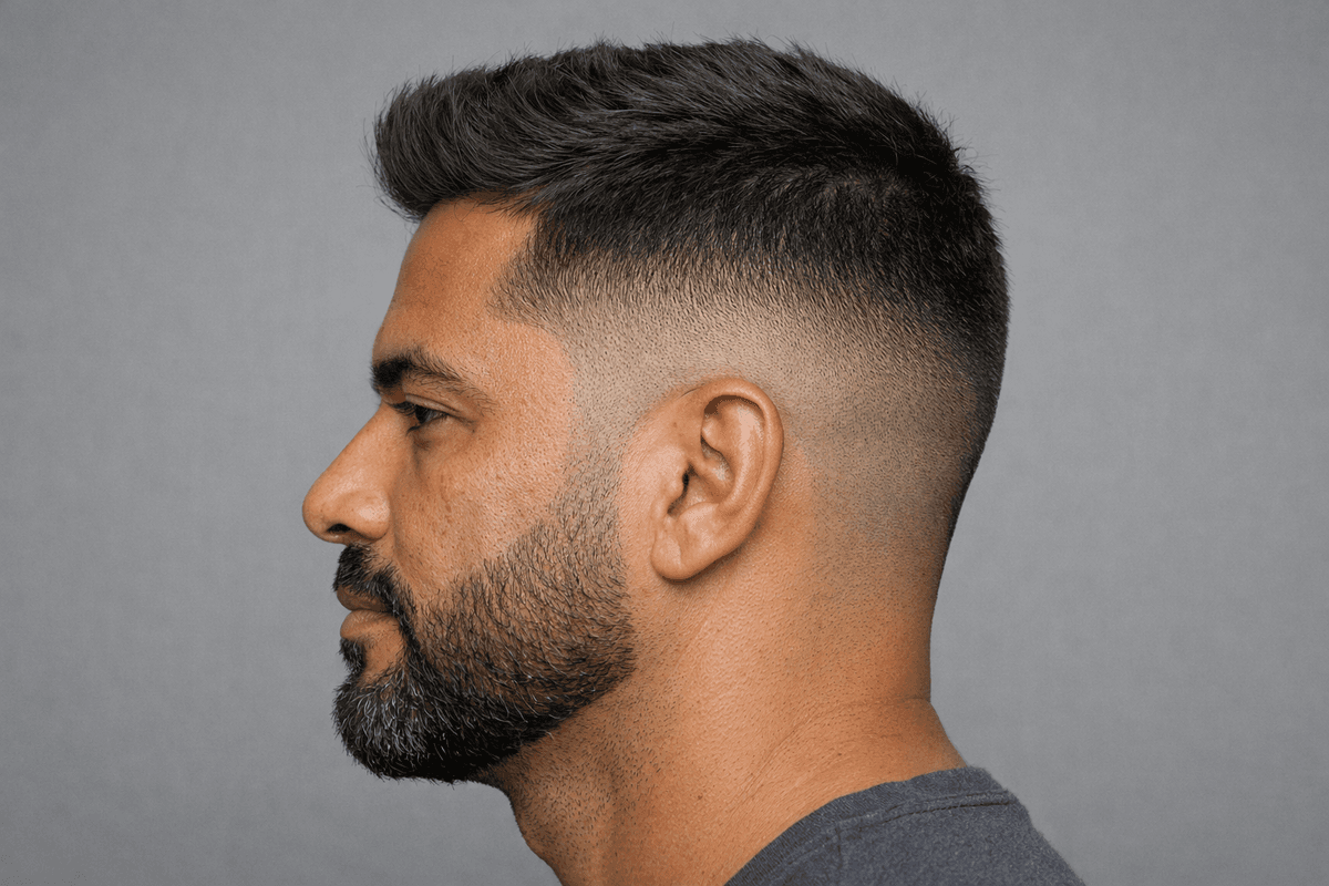 Mid fade com transição entre costeleta e barba