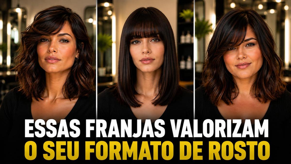 Três modelos com tipos de franja ideais para o formato de rosto. Texto sobreposto: Essas franjas valorizam o seu formato de rosto.