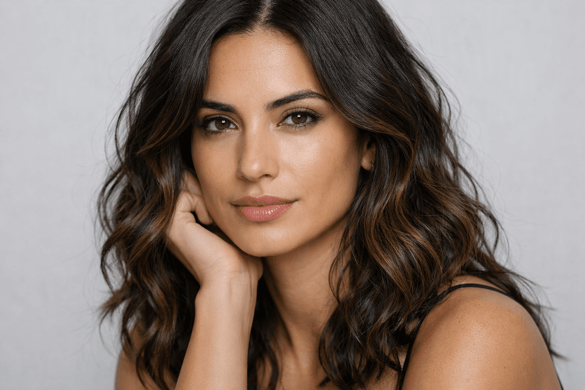 Mulher com cabelo castanho e mechas caramelo com profundidade âmbar em comprimento médio