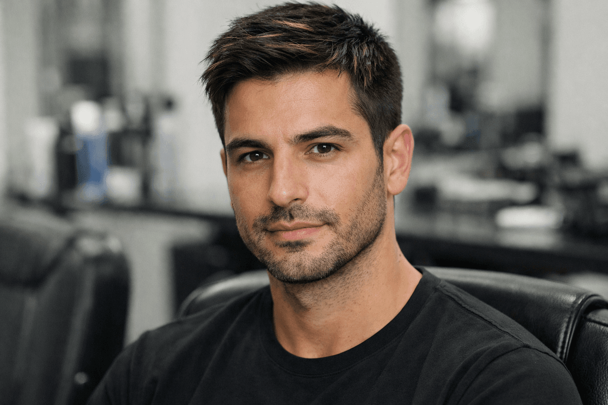 Homem com cabelo curto castanho escuro e mechas mel sutis distribuídas naturalmente