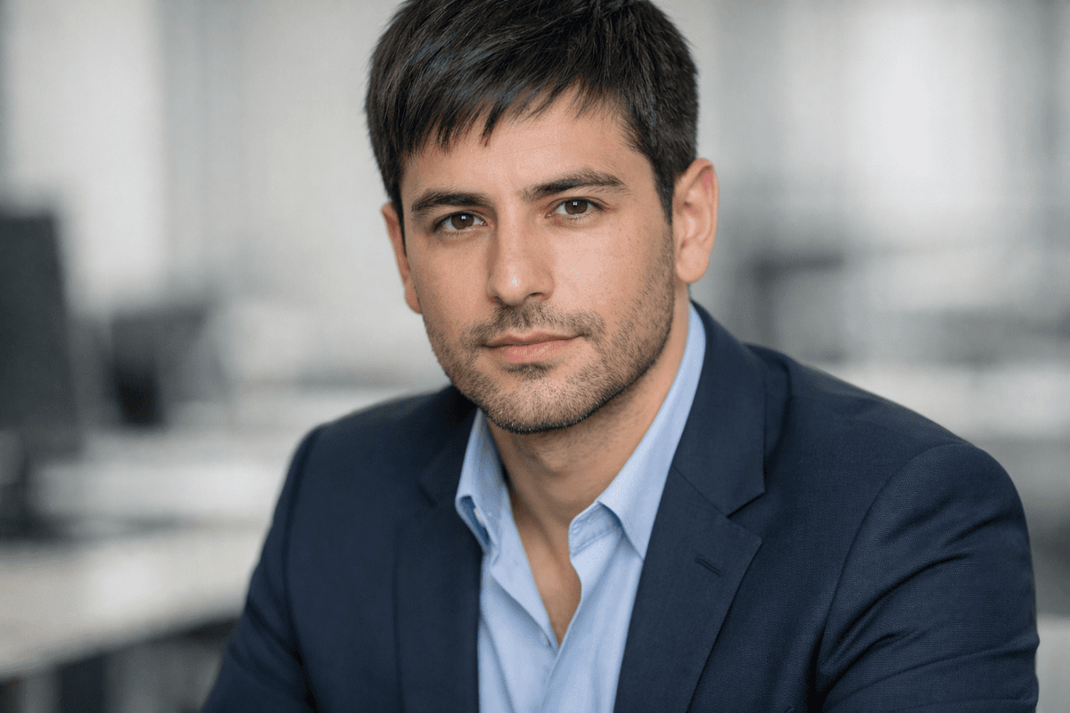 Cabelo masculino curto castanho muito escuro, sem mechas claramente visíveis nesta referência